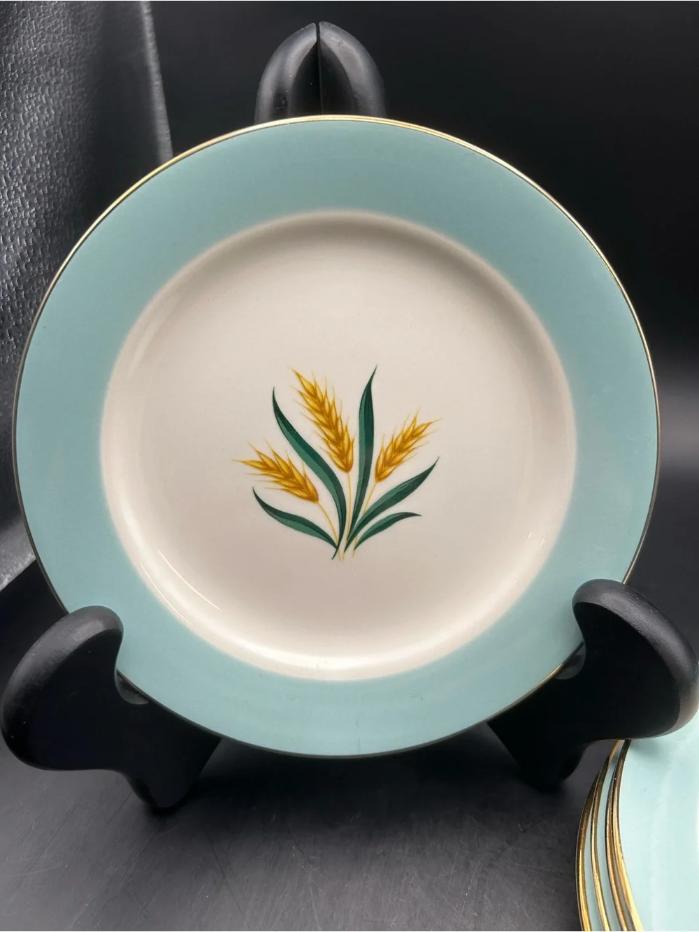 Classic Wheat Motif Dessert Plates - Aqua and Gold (Set of 5)